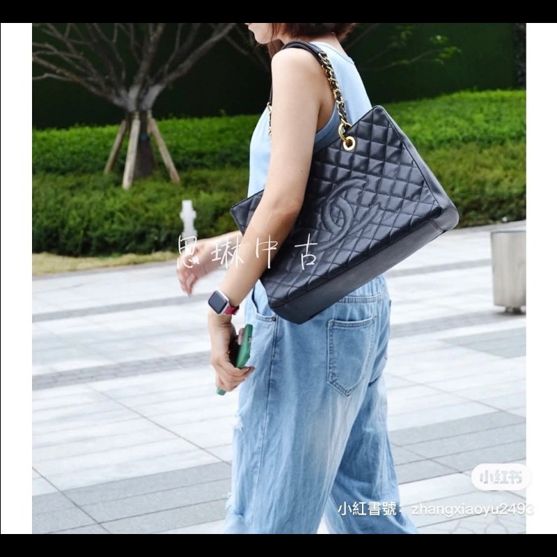 香奈兒 Chanel GST 黑色荔枝牛皮金釦金鍊肩背包 手提包-4