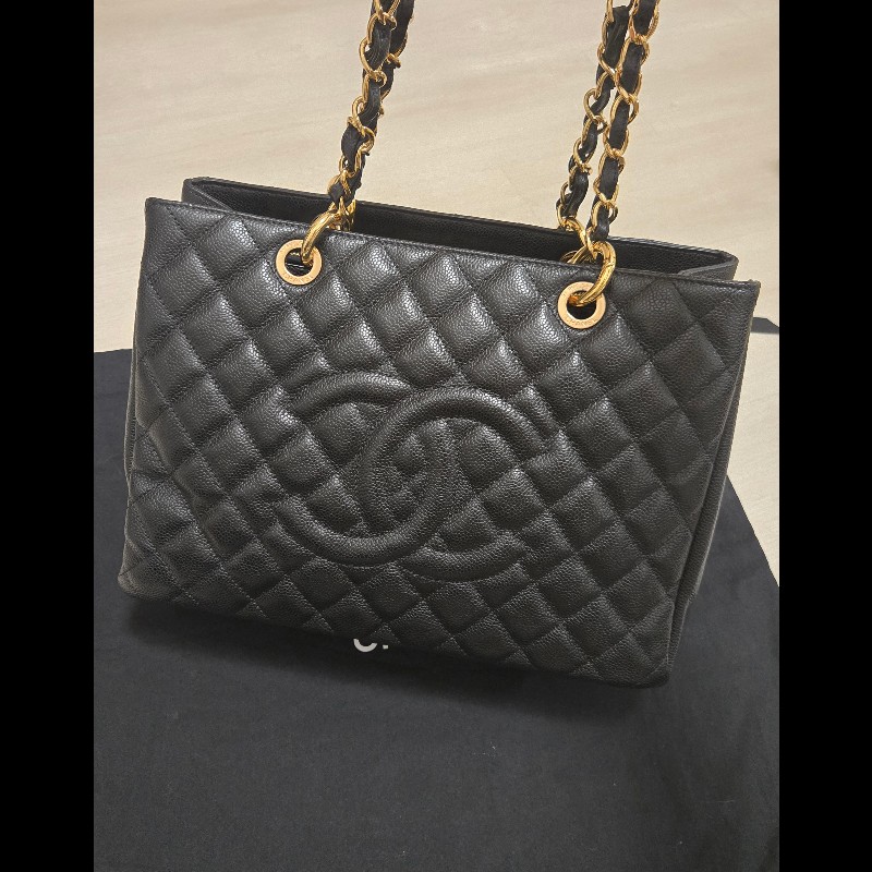 香奈兒 Chanel GST 黑色荔枝牛皮金釦金鍊肩背包 手提包-7