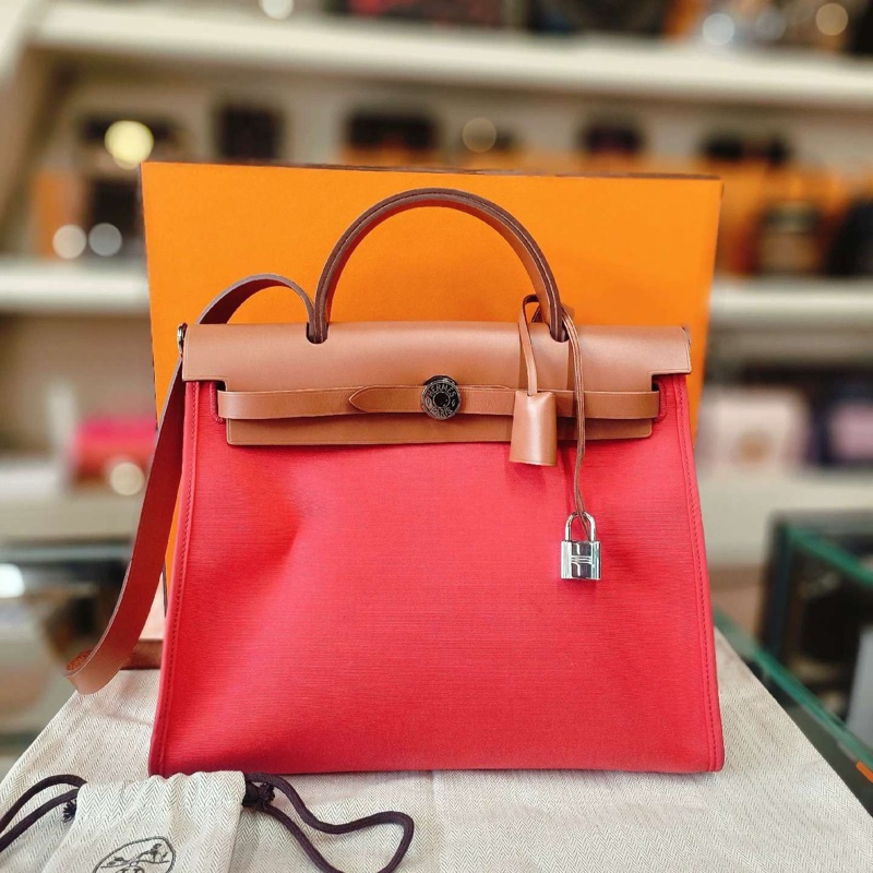 HERMES 愛馬仕 Herbag 31 銀扣翻蓋開合 帆布拼牛皮 單肩斜挎手提包 常規 女款-0