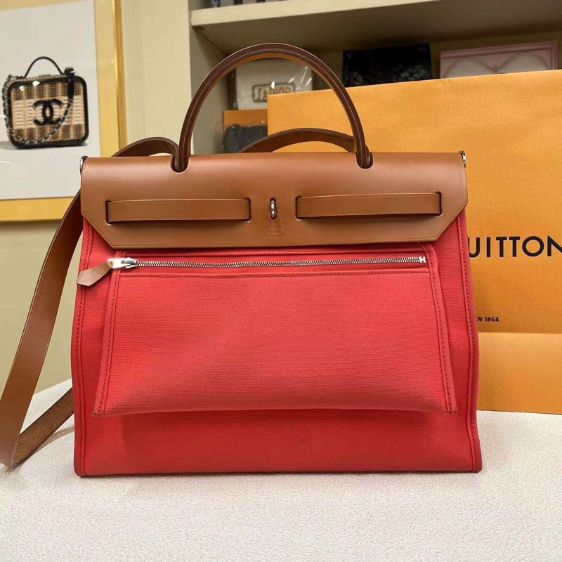 HERMES 愛馬仕 Herbag 31 銀扣翻蓋開合 帆布拼牛皮 單肩斜挎手提包 常規 女款-2