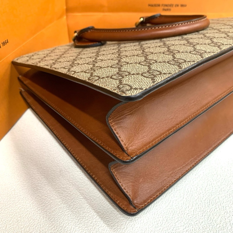 Gucci經典老花托特包 棕色配皮 塗層帆布-6