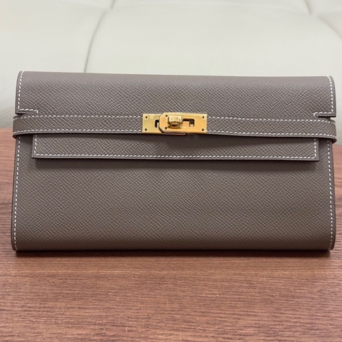 99新Hermès 愛馬仕 kelly錢包 Kelly long大象灰金扣 epsom皮 D刻 原膜都在閒置