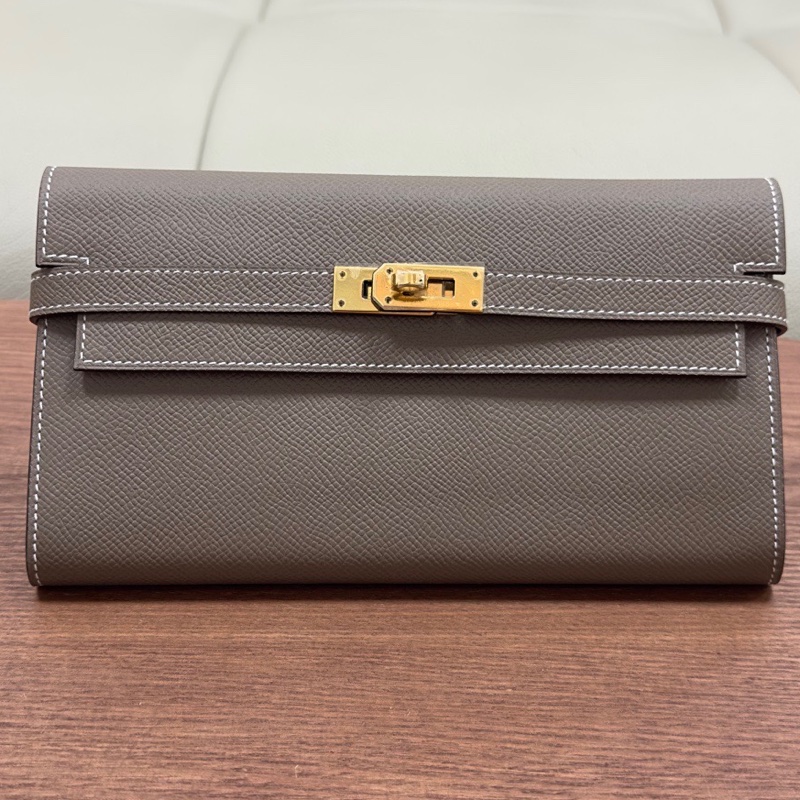99新Hermès 愛馬仕 kelly錢包 Kelly long大象灰金扣 epsom皮 D刻 原膜都在閒置-0