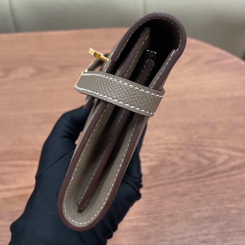 99新Hermès 愛馬仕 kelly錢包 Kelly long大象灰金扣 epsom皮 D刻 原膜都在閒置-5