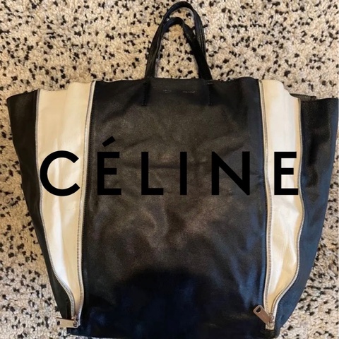 Celine Lamb skin Vertical Cabas Tote 黑色皮革手提包