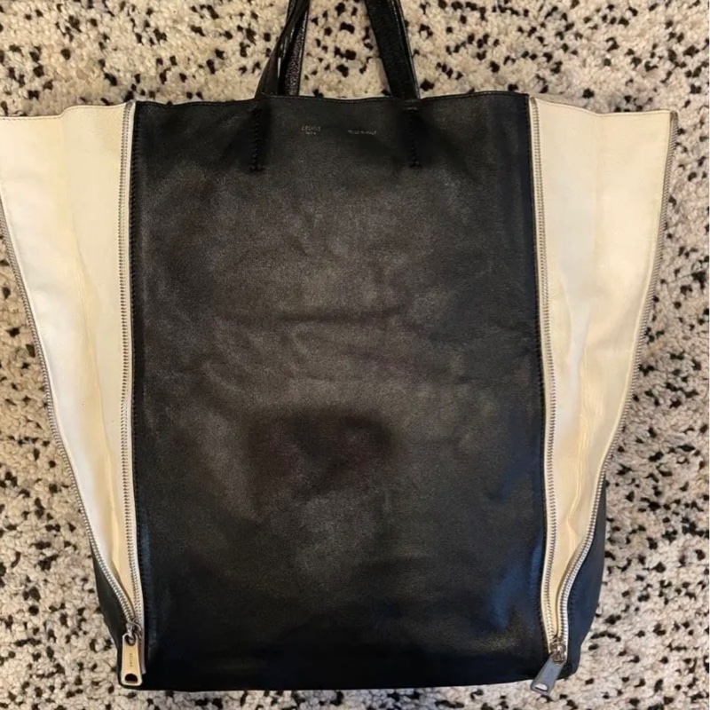 Celine Lamb skin Vertical Cabas Tote 黑色皮革手提包-6