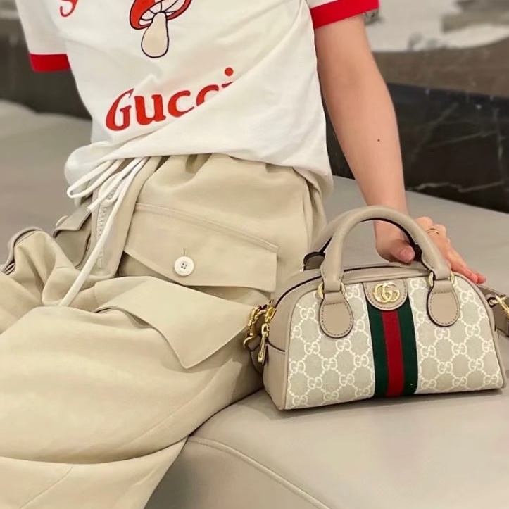 新款❤️‍🔥實用百搭😍Gucci古馳Ophidia燕麥色迷你波士頓包手提單肩斜挎包-6
