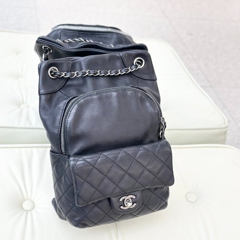 近新品 香奈兒/Chanel 黑色牛皮複古銀扣雙肩包-5