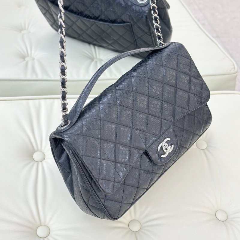 閒置新 香奈兒/Chanel 黑色蛇皮菱格紋銀扣手提 CF Jumbo鏈條包-2