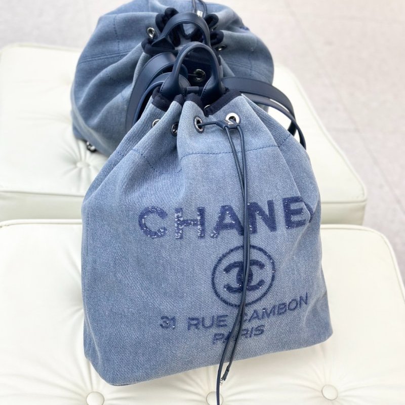 香奈兒/Chanel 海軍藍牛仔亮片銀扣大號沙灘雙肩包-0