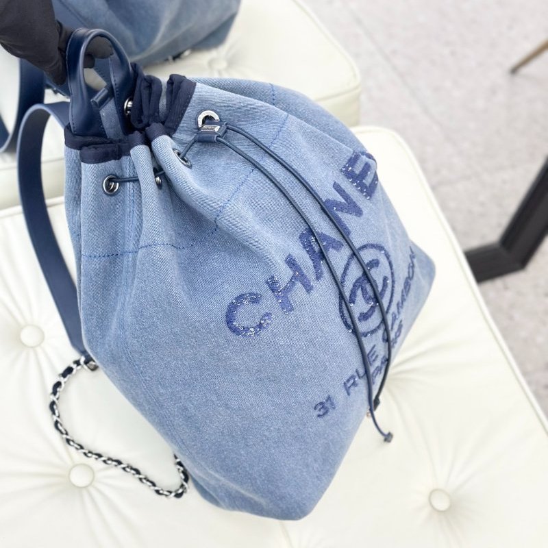 香奈兒/Chanel 海軍藍牛仔亮片銀扣大號沙灘雙肩包-2