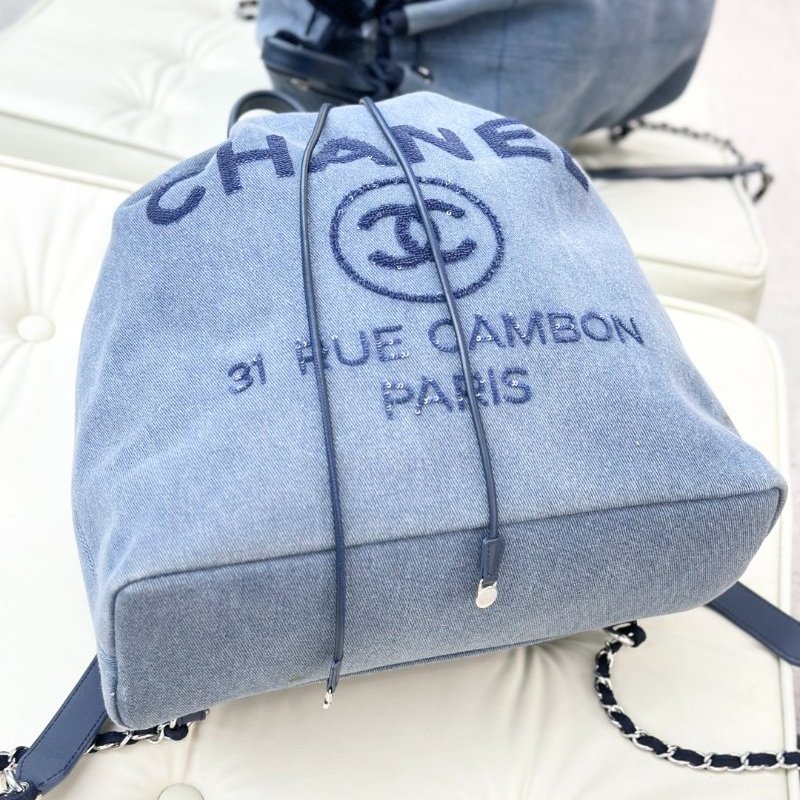 香奈兒/Chanel 海軍藍牛仔亮片銀扣大號沙灘雙肩包-5