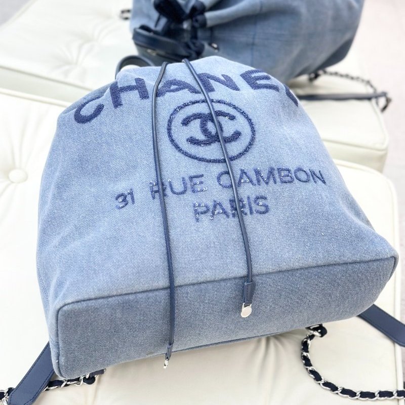 香奈兒/Chanel 海軍藍牛仔亮片銀扣大號沙灘雙肩包-8