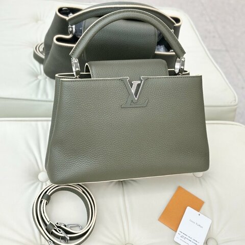 閒置新 路易威登/Louis Vuitton Capucines 橄欖綠牛皮銀扣中號手提包