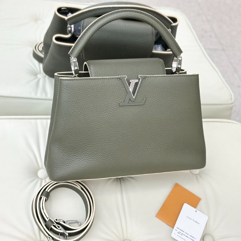 閒置新 路易威登/Louis Vuitton Capucines 橄欖綠牛皮銀扣中號手提包-0