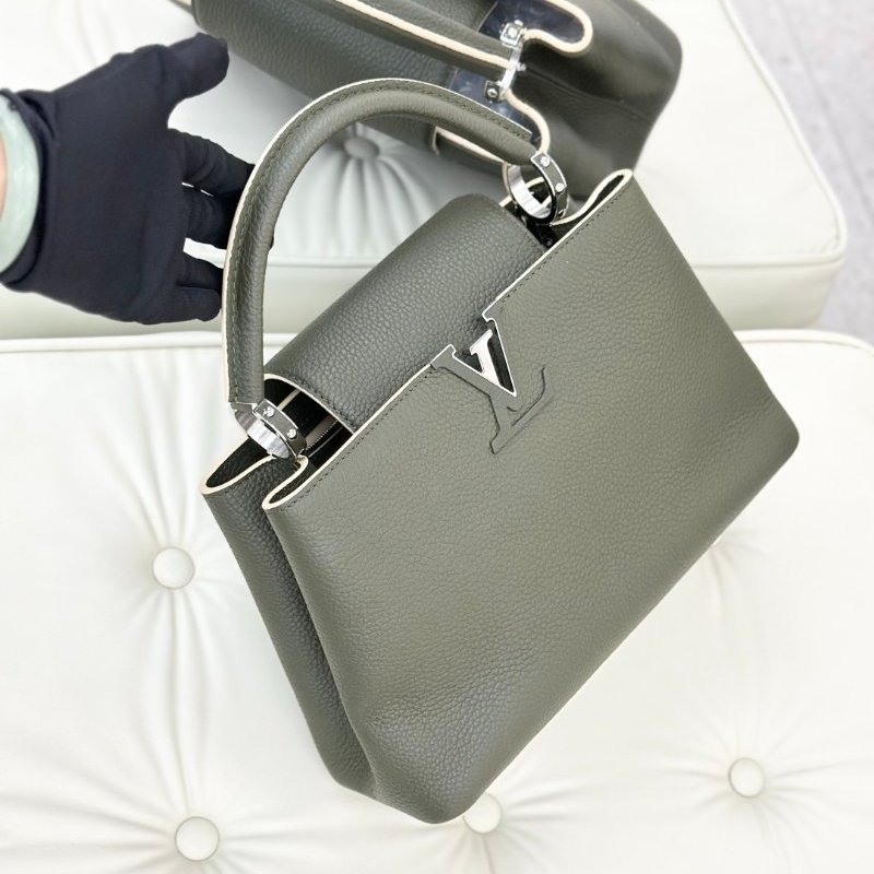 閒置新 路易威登/Louis Vuitton Capucines 橄欖綠牛皮銀扣中號手提包-2