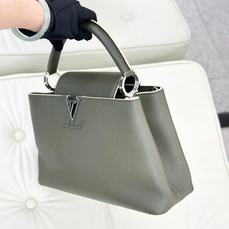 閒置新 路易威登/Louis Vuitton Capucines 橄欖綠牛皮銀扣中號手提包-3