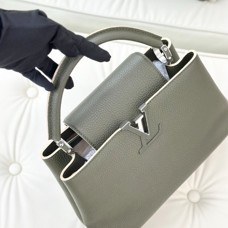 閒置新 路易威登/Louis Vuitton Capucines 橄欖綠牛皮銀扣中號手提包-4
