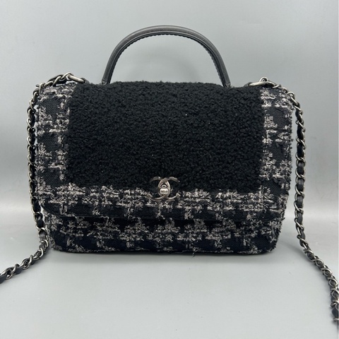 Chanel香奈兒黑銀手柄千鳥格毛呢拼接口蓋包鏈條包24開尺寸23×16cm