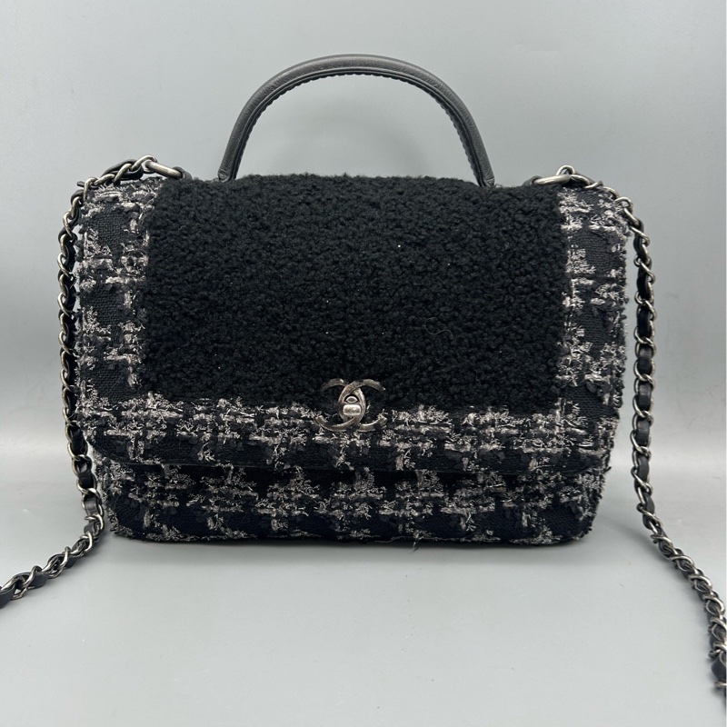 Chanel香奈兒黑銀手柄千鳥格毛呢拼接口蓋包鏈條包24開尺寸23×16cm-0