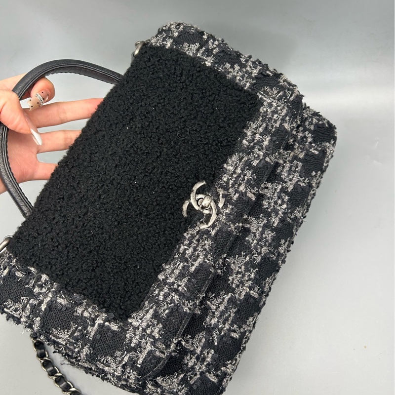 Chanel香奈兒黑銀手柄千鳥格毛呢拼接口蓋包鏈條包24開尺寸23×16cm-3