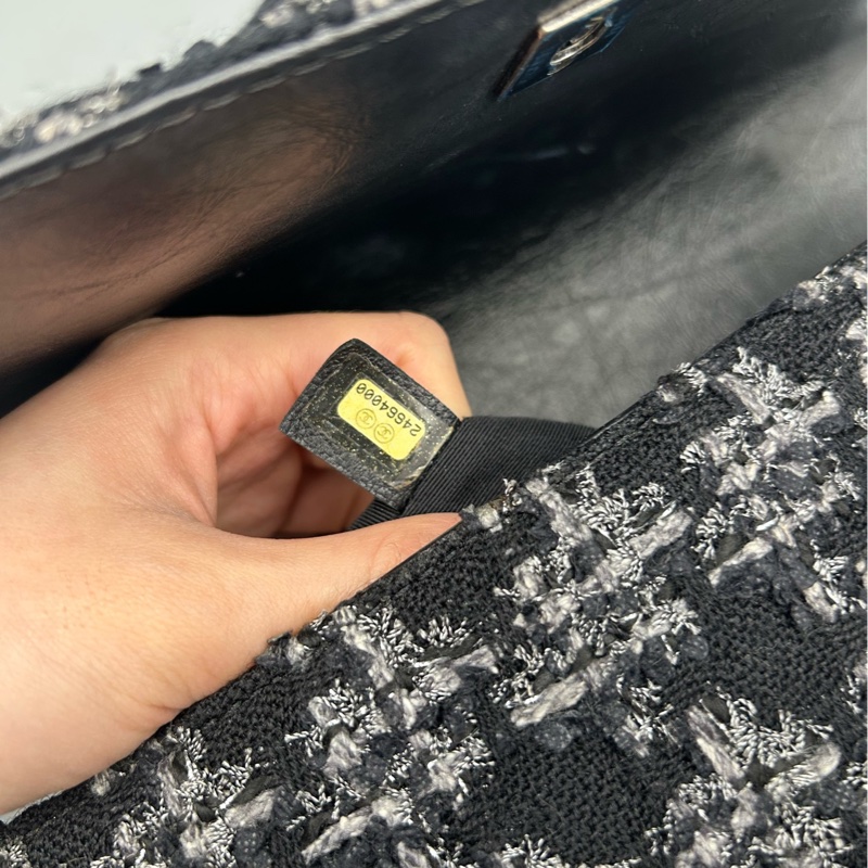 Chanel香奈兒黑銀手柄千鳥格毛呢拼接口蓋包鏈條包24開尺寸23×16cm-4