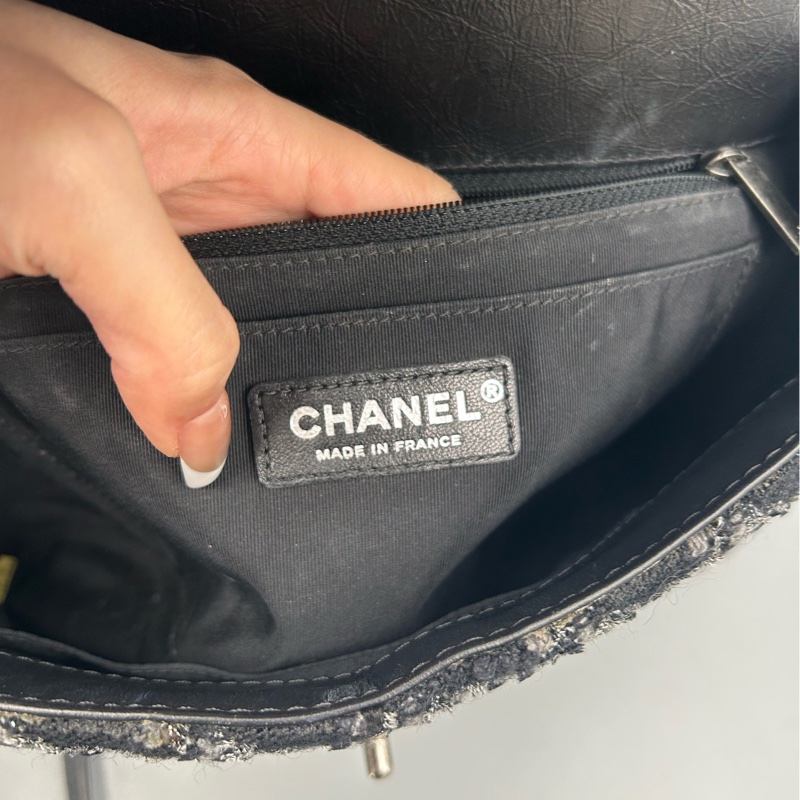 Chanel香奈兒黑銀手柄千鳥格毛呢拼接口蓋包鏈條包24開尺寸23×16cm-5