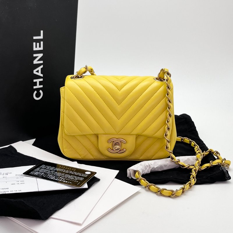 CHANEL 黃色金扣方胖子肩背斜背包16*12*7.5 99新配件盒子 塵袋 購證 保卡-2