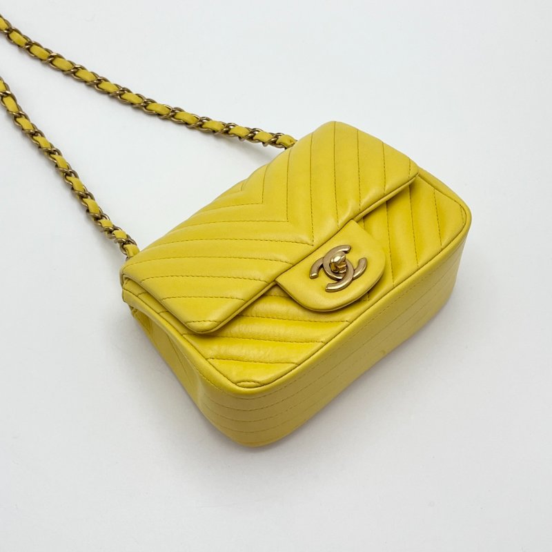 CHANEL 黃色金扣方胖子肩背斜背包16*12*7.5 99新配件盒子 塵袋 購證 保卡-5