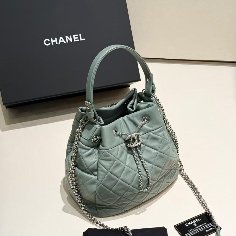 Chanel 抹茶綠 銀扣 手柄 抽繩水桶包 22*22*14 98新配件塵袋 保卡-1