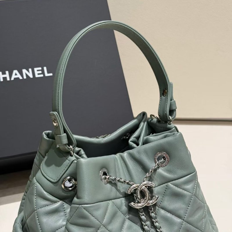 Chanel 抹茶綠 銀扣 手柄 抽繩水桶包 22*22*14 98新配件塵袋 保卡-2