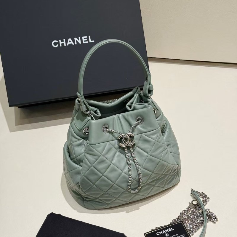 Chanel 抹茶綠 銀扣 手柄 抽繩水桶包 22*22*14 98新配件塵袋 保卡-4