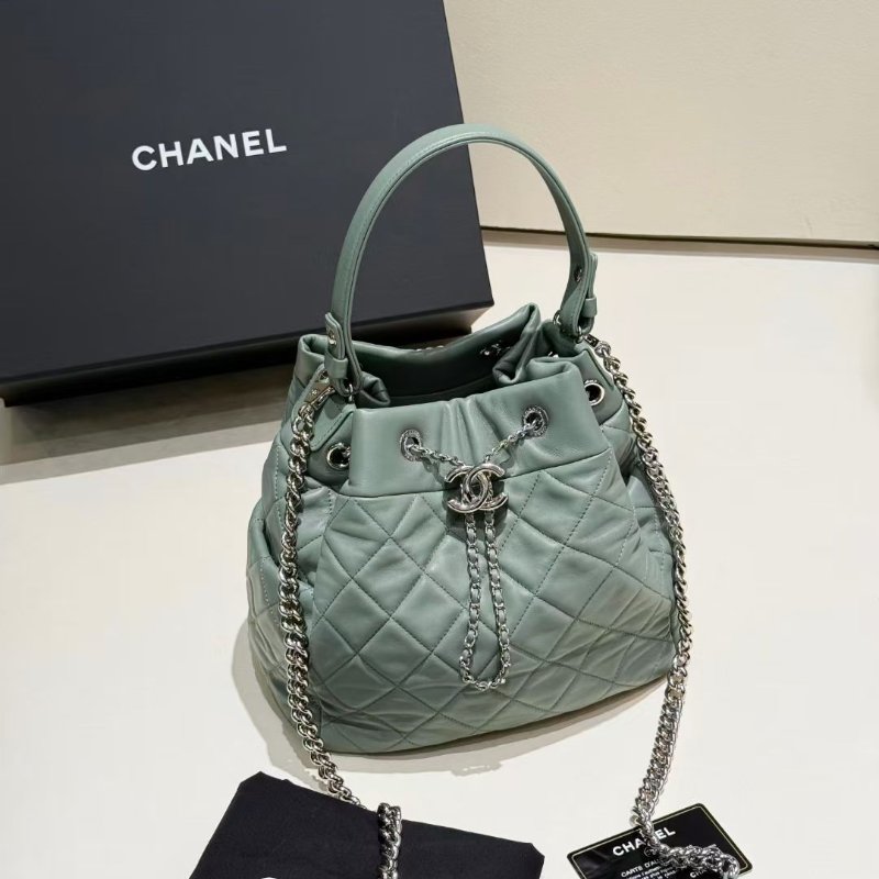 Chanel 抹茶綠 銀扣 手柄 抽繩水桶包 22*22*14 98新配件塵袋 保卡-5