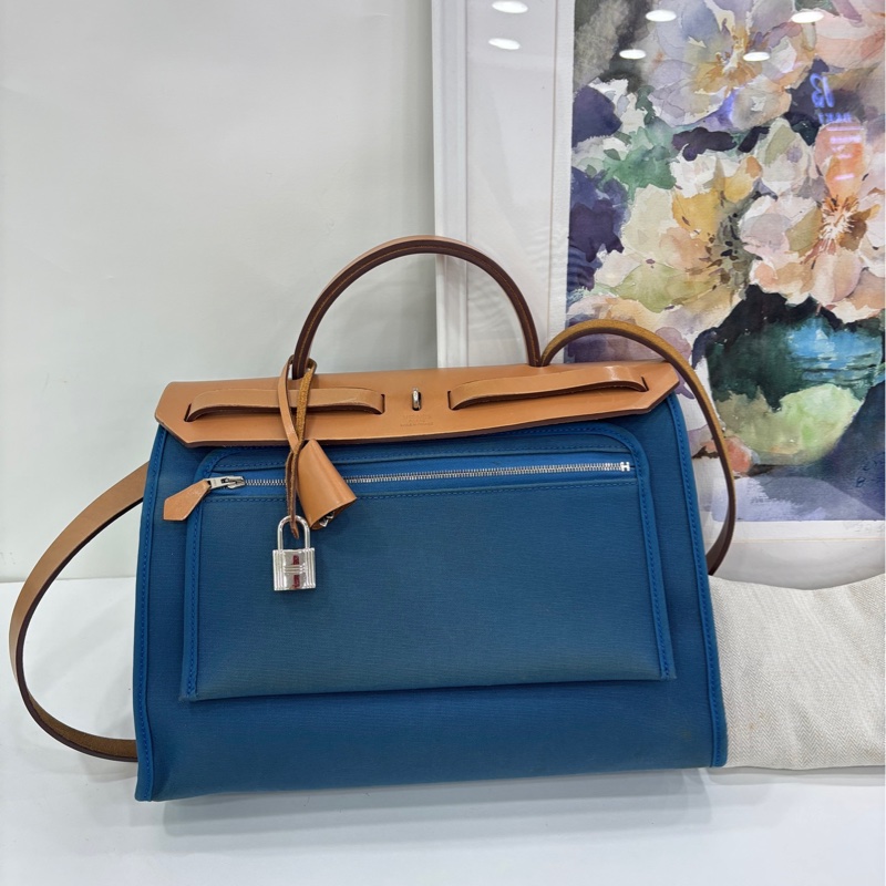 Hermes愛馬仕 Herbag Zip 31 Zip銀扣 帆布拼牛皮 肩斜背包 X刻 鎖具齊全，原始成色，包身有點髒-1