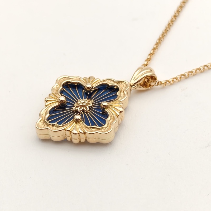 BUCCELLATI OperaTULLE花卉圖案藍色琺瑯項鏈(大號）18K黃金-3
