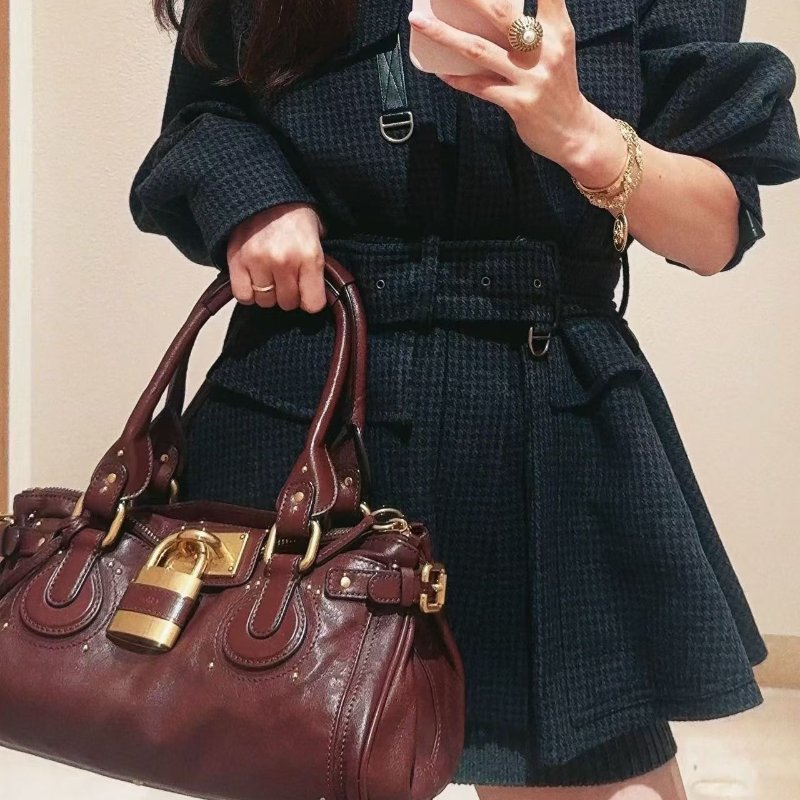 Chloe 帕丁頓鎖頭包 咖啡色牛皮 金扣 34*19*19 99新配件鑰匙鎖 塵袋-0
