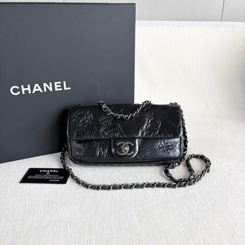 Chanel 香水瓶浮雕CF鏈條包 做舊銀扣 黑銀 牛皮 21*12*3 98新配件塵袋保卡