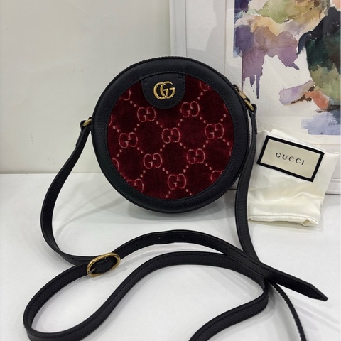 Gucci古馳絲絨圓餅包，經典GG滿印 99新