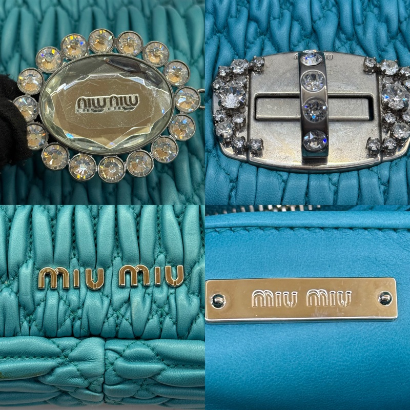 MIU MIU 孔雀藍抓皺皮革MATELASSE CRYSTAL肩背包-5
