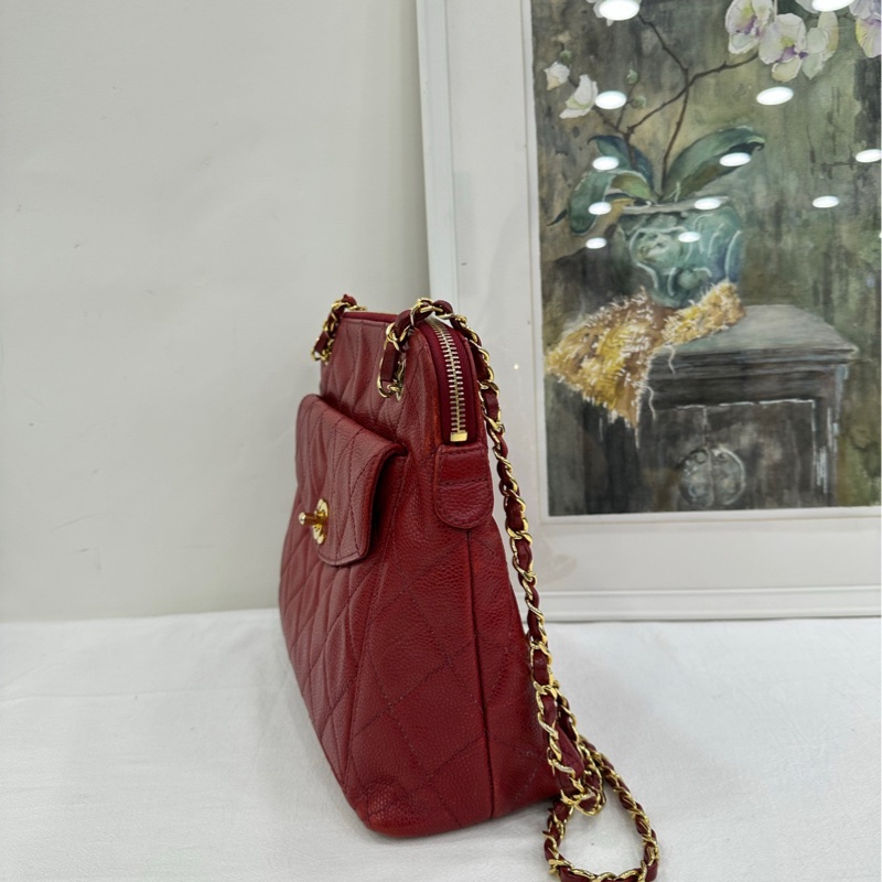 Chanel 香奈兒 vintage 中古魚子醬紅金肩包-4