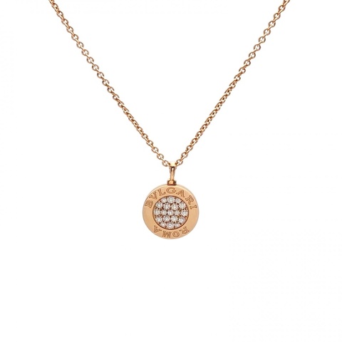 BVLGARI 18K玫瑰金鑽石白貝母雙面圓餅滿鑽項鏈