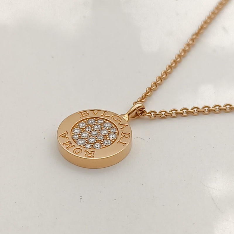 BVLGARI 18K玫瑰金鑽石白貝母雙面圓餅滿鑽項鏈-1
