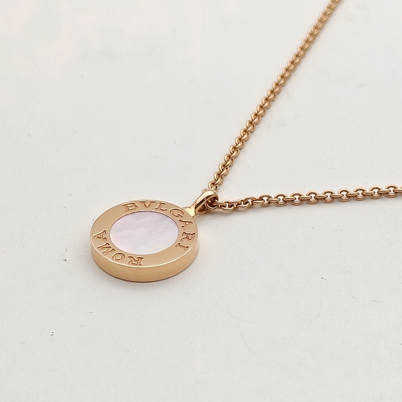 BVLGARI 18K玫瑰金鑽石白貝母雙面圓餅滿鑽項鏈-2