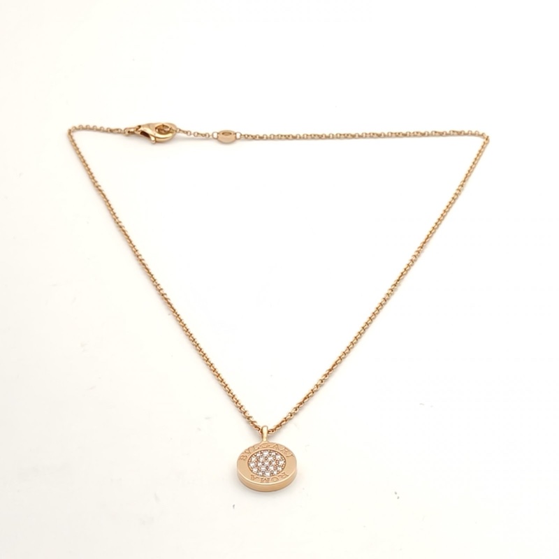 BVLGARI 18K玫瑰金鑽石白貝母雙面圓餅滿鑽項鏈-4
