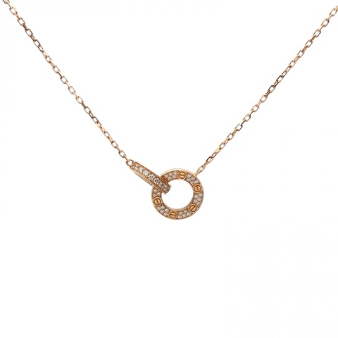 CARTIER LOVE雙環滿鑽項鏈餅環組合18K玫瑰金/鑽石