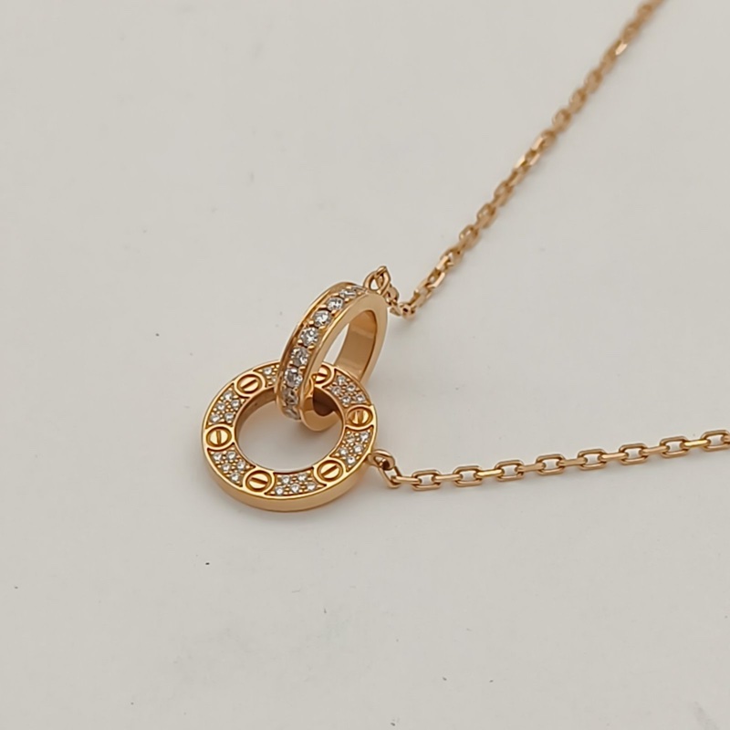 CARTIER LOVE雙環滿鑽項鏈餅環組合18K玫瑰金/鑽石-1
