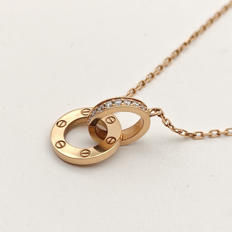 CARTIER LOVE雙環滿鑽項鏈餅環組合18K玫瑰金/鑽石-2