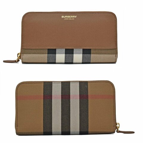 【門市全新現貨】BURBERRY 牛皮拼接帆布格紋拉鍊長夾皮夾(附原廠防塵袋)