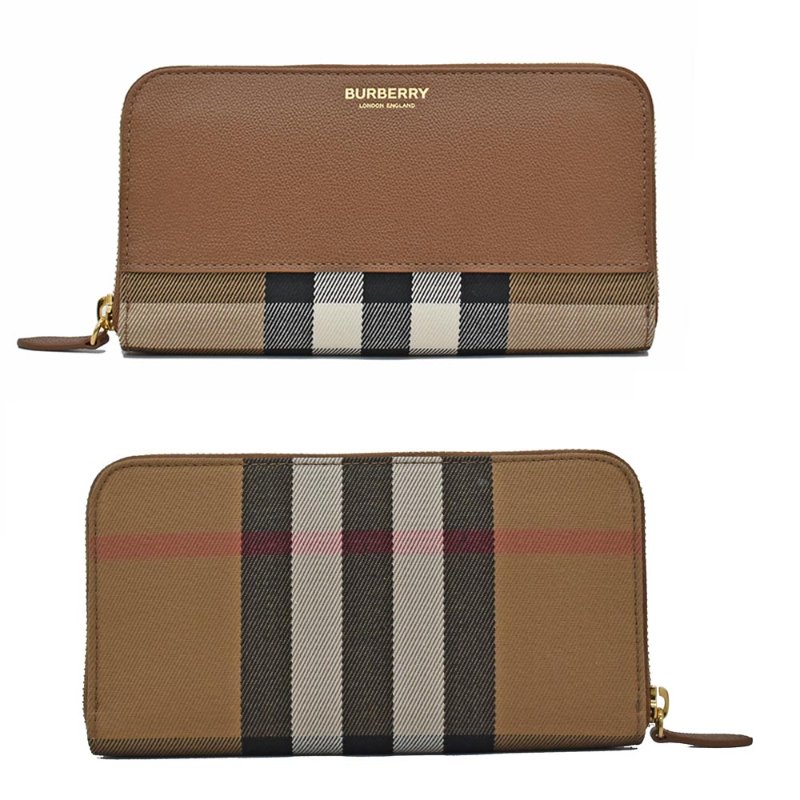 【門市全新現貨】BURBERRY 牛皮拼接帆布格紋拉鍊長夾皮夾(附原廠防塵袋)-0