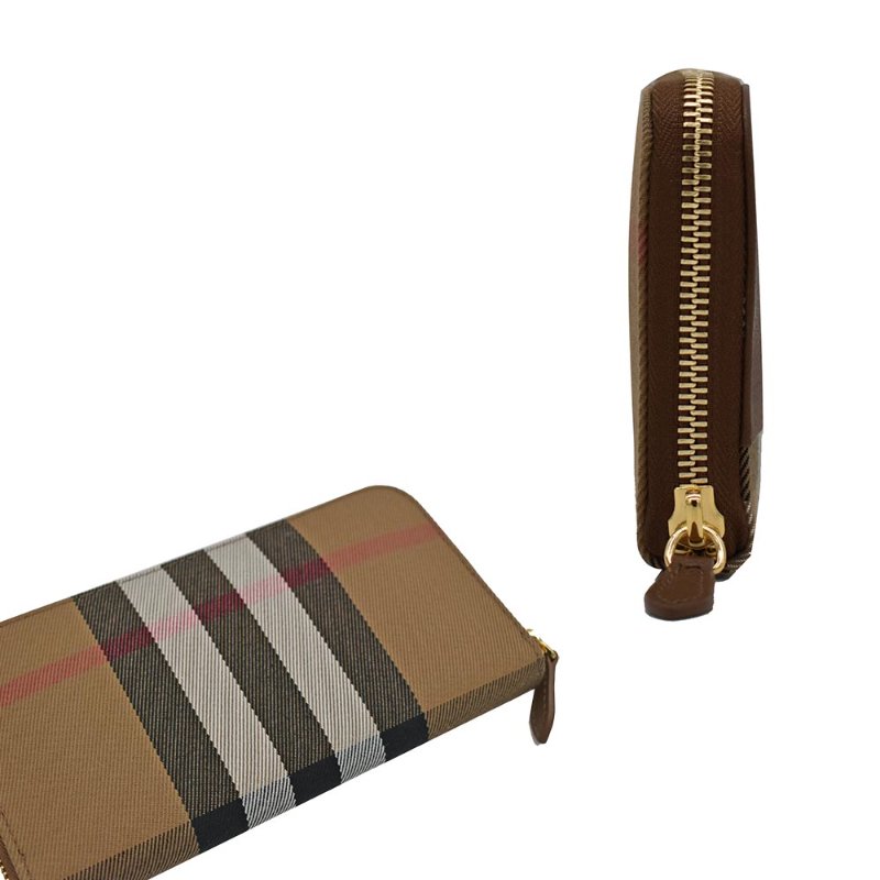 【門市全新現貨】BURBERRY 牛皮拼接帆布格紋拉鍊長夾皮夾(附原廠防塵袋)-1